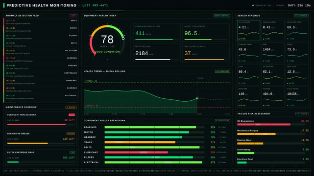 Explore a sophisticated IoT equipment health monitoring dashboard featuring predictive maintenance metrics and vibrant green aesthetics for effective visual analysis.