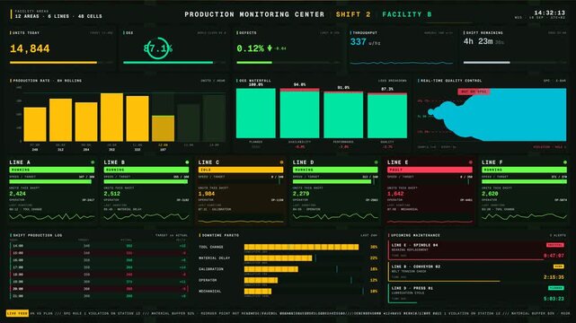 High-energy IoT production monitoring center with advanced dashboards displaying KPIs, real-time analytics, and detailed production metrics in a dark industrial setting.