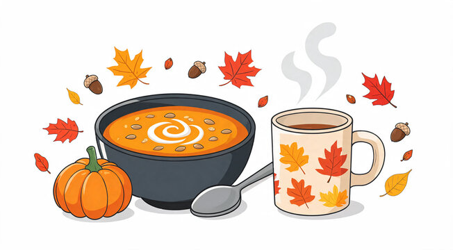 Fall scene with pumpkin soup and warm drink with leaves