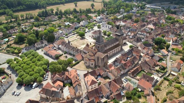 Chambon-sur-Voueize village, Creuse, labelled Les Plus Beaux Villages de France - lateral aerial travelling