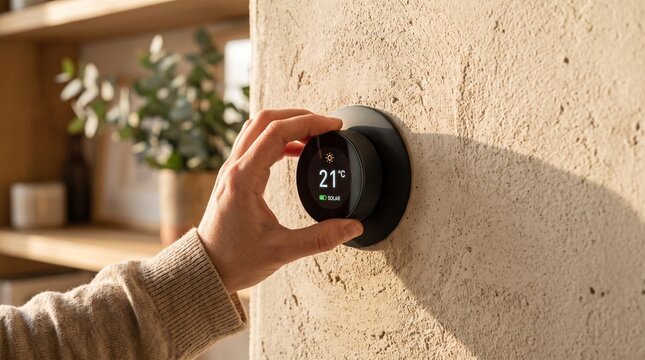 Smart thermostat digital controller on textured wall. Hand adjusting home temperature. Modern climate control system for energy efficiency.