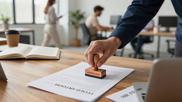 A hand stamps 'approved' on a document in an office setting with colleagues working nearby.