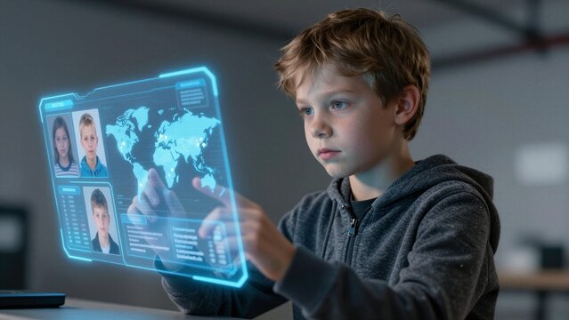 A focused young boy interacts with a glowing holographic interface displaying global maps and missing children profiles in a high-tech environment.