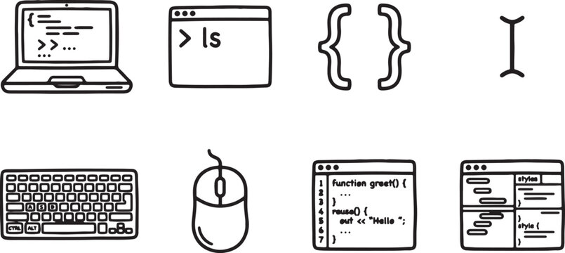 Coding and programming icons in minimalist black line art depict a laptop, terminal command, keyboard, mouse, and code brackets.