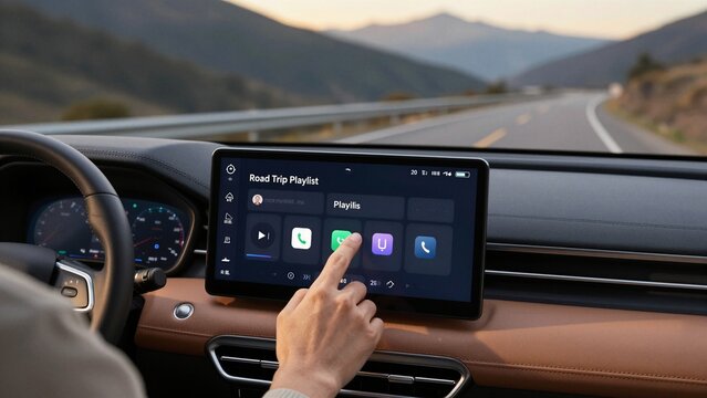 A hand interacts with a car's touchscreen infotainment system displaying a road trip playlist while driving along a scenic mountain highway at sunset.
