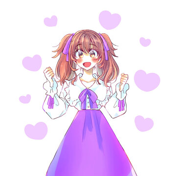 両手で握りこぶしを作り嬉しそうなロリータ服の女性　紫色　ハート