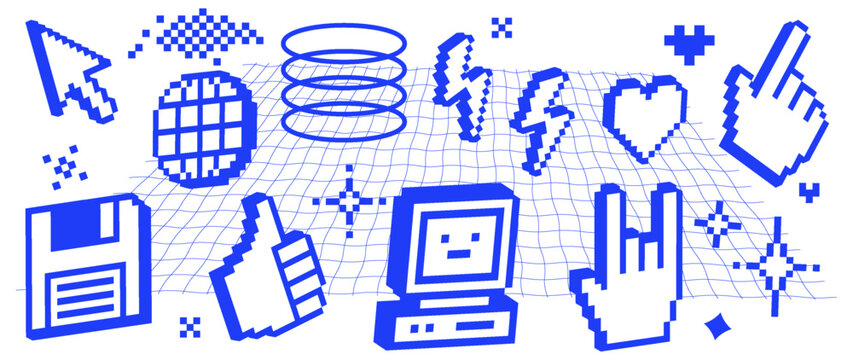 Blue pixel 3D technology icon set with computer, cursor, globe, thumbs up, chat, lightning and bold digital interface symbols in retro 8-bit style for stickers, apps, social media and tech graphics