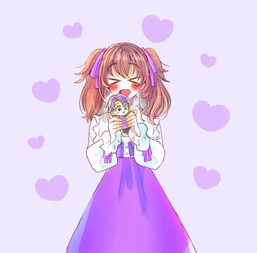 推しぬい　嬉しそうなロリータ服の女性　紫色　ハート