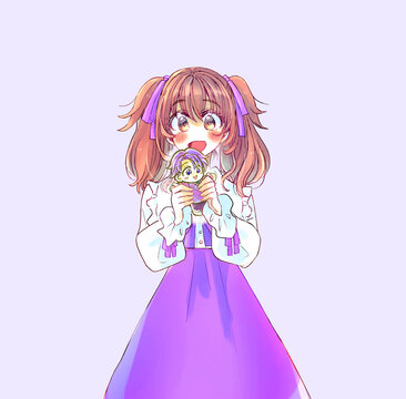 推しぬい　嬉しそうなロリータ服の女性　紫色