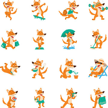 Playful orange fox Vectors explore dance, sports, shopping, yoga, weather, cleaning, writing, cooking, gardening, leisure, photography, and bath themes.
