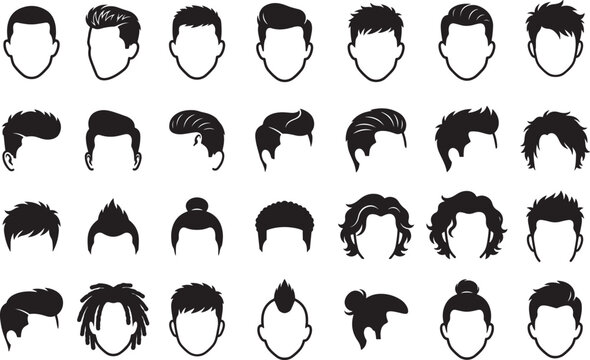 Men&rsquo;s Hairstyle Silhouette Collection, Male Haircut and Head Profile Icons in Black and White .