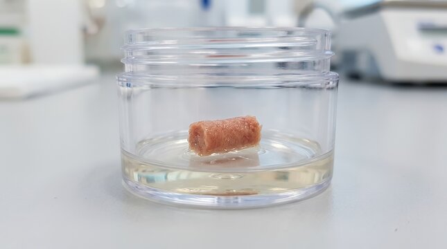 Close-up of human tissue biopsy sample submerged in clear medical specimen container for pathology analysis