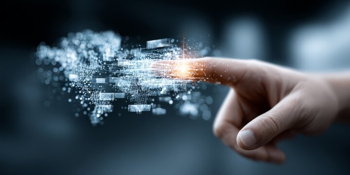 Human finger touching abstract digital data interface with glowing particles, representing technology