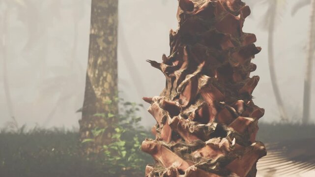 A close view of a pine tree trunk in a foggy forest. The bark has a rough texture, and the background shows blurred trees and greenery. The atmosphere is misty and tranquil.
