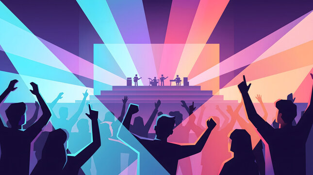 Vibrant Concert Crowd Enjoying Live Music Performance Under Colorful Stage Lights