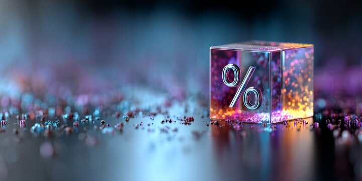 Glowing glass cube with percentage symbol representing interest rates, discounts, finance, inflation, savings