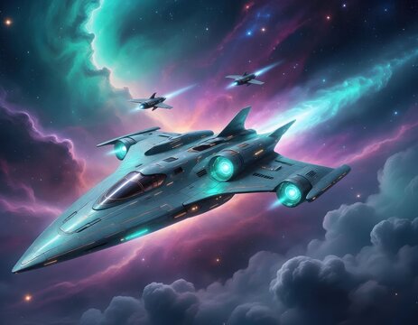 Spaceship flying nebula