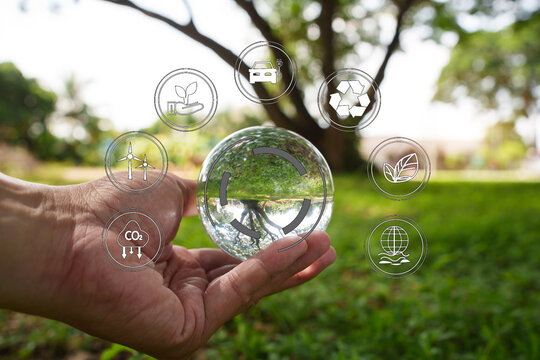 Human Hand Holding Crystal Globe for Environmental Sustainability