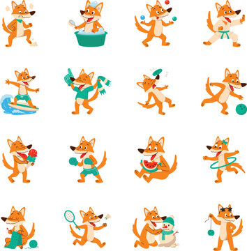 Playful orange fox Vectors feature emotions, bathing, circus play, martial arts, surfing, sports, food, crafts, winter fun, cycling, and active hobbies. 
