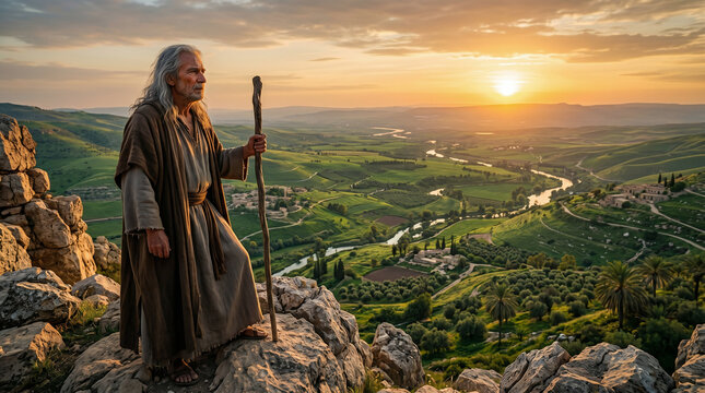 Moses gazing longingly at the Promised Land from the peak of Mount Nebo, knowing he will die before crossing over