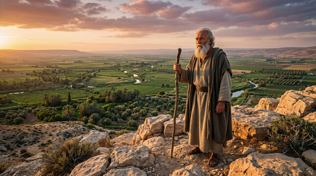 Moses gazing longingly at the Promised Land from the peak of Mount Nebo, knowing he will die before crossing over