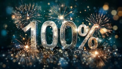 Naklejka premium Bright silver metallic 100 percent symbol on an emerald green backdrop adorned with vivid fireworks.