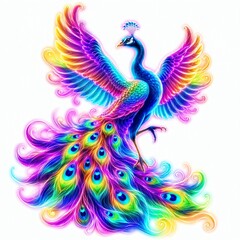 Fototapeta premium Dancing Neon Peacock With Wings Lifted And Feathers Fanned Upward