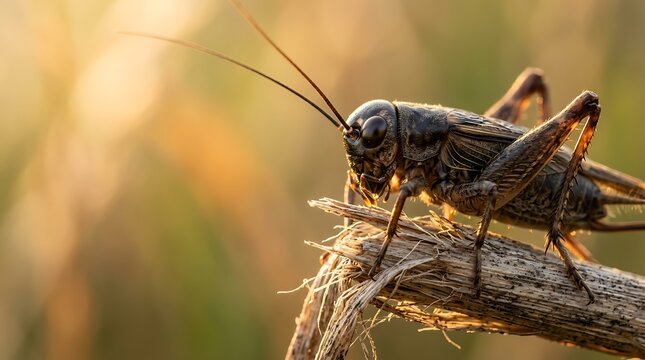 Macro shot of a brown cricket resting on dry grass during golden hour sunlight