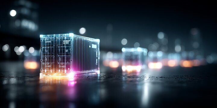 Futuristic digital cargo container glowing at night representing smart logistics, automated shipping