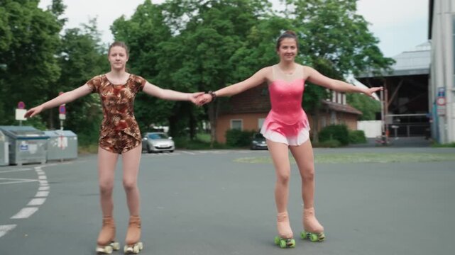 Two female roller skaters glide smoothly while holding hands on a paved outdoor area, demonstrating balance, coordination and synchronized movement in a cinematic tracking shot