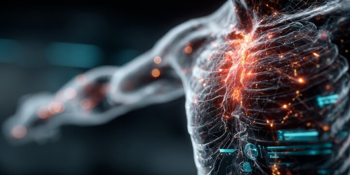 Digital human torso with glowing heart and vascular network representing cardiovascular health, medical technology