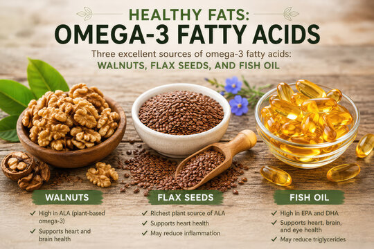 Omega-3 Fatty Acids Sources Infographic with Walnuts, Flax Seeds and Fish Oil