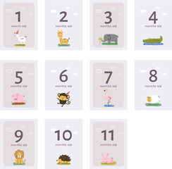 Naklejka premium Cute animal baby milestone cards editable vector set