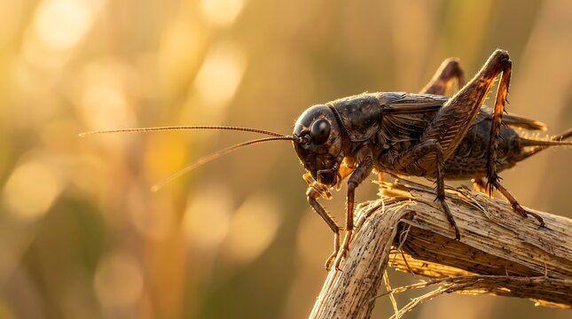 Macro shot of brown cricket perched on dry twig during sunny day