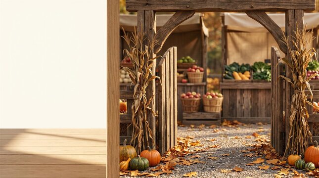 Rustic autumn harvest farmers market entrance with seasonal produce decoration, copy space
