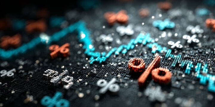 Glowing glass cube with percentage symbol and dynamic particles representing interest rates, discounts, finance