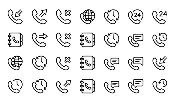 Set of telephone and communication line icons featuring call history incoming outgoing calls and contacts book symbols missed call clock call message bubble phone icons contact icons