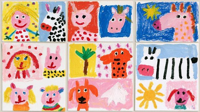 Collection of colorful childlike paintings featuring cheerful animals, people and playful imaginary characters