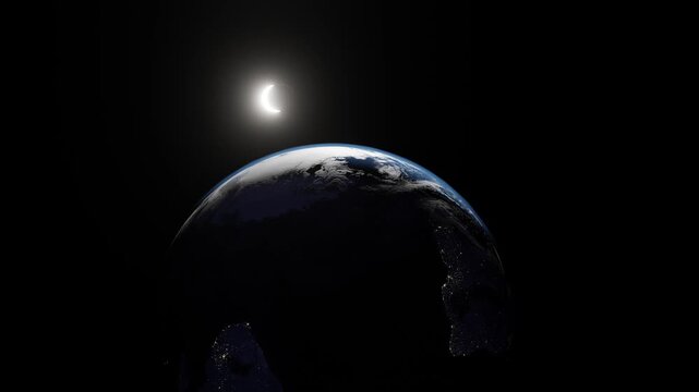Solar Eclipse seen from space moon partially obstructing the sun as camera pans across planet earth