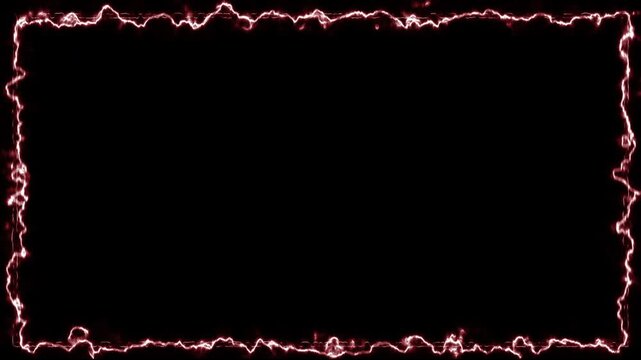黒背景に赤く激しく輝く稲妻と電気エネルギーが脈動する四角いフレームのシームレスループ動画素材