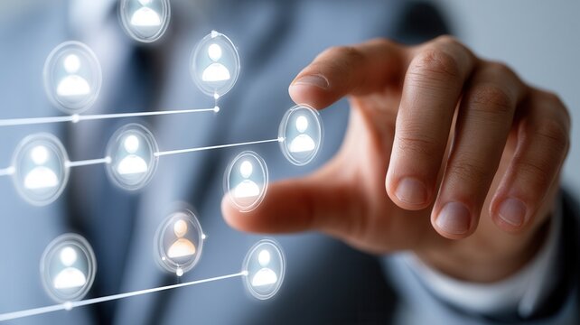 Hand touching a digital organizational chart symbolizing human resources management and networking team building