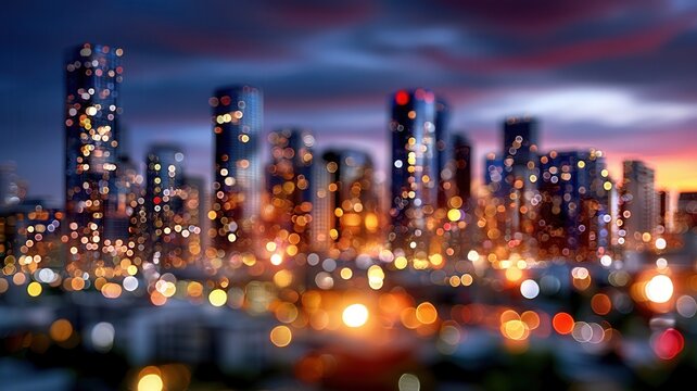 Cityscape with glowing skyscrapers and blurred city lights creating a vibrant urban night abstract energy scene