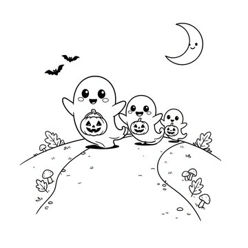 Three cute friendly ghosts carrying jack-o-lanterns along a winding path under the crescent moon for children coloring activity created with generative ai
