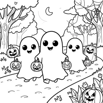 Adorable ghost family strolling along a spooky forest trail with jack-o-lanterns for halloween kids activity page created with generative ai. 
