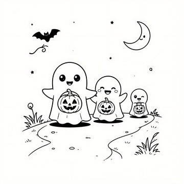 Friendly little ghosts marching along a hill holding pumpkin buckets under a smiling moon for halloween coloring fun created with generative ai