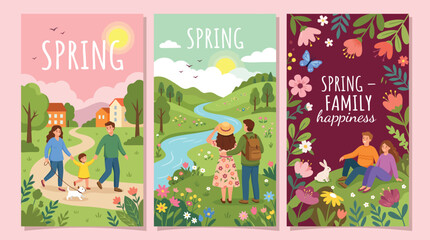 Fototapeta premium Spring Season, Family Happiness, Nature and Outdoor Banners Vector Collection