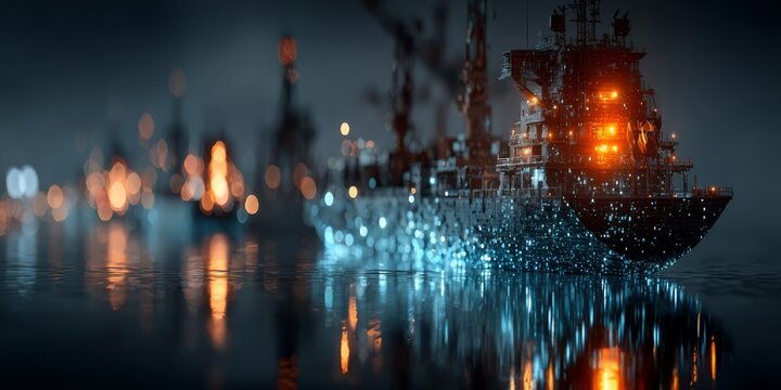 Futuristic cargo ship sailing through a digital industrial port at night with glowing lights, maritime logistics, global shipping