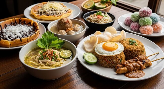 Variety of indonesian dishes overhead view