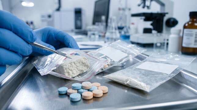 Forensic scientist in blue gloves analyzes confiscated narcotic substances and pills in a sterile laboratory environment.