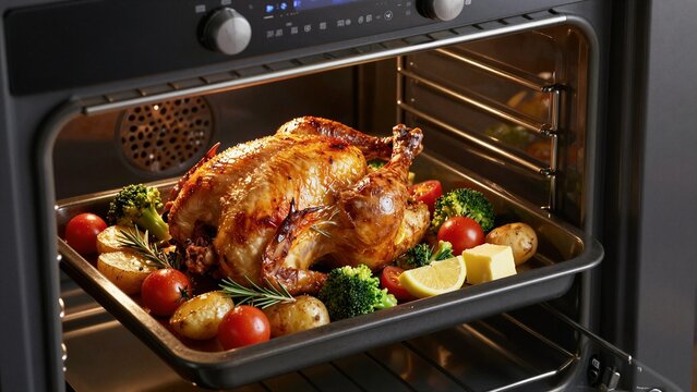 A whole roasted chicken surrounded by fresh vegetables inside a modern oven, ready for dinner.